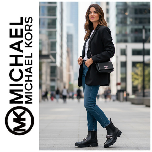 Michael Kors Shoes - NEW Michael Kors Scarlett Black Leather Silver Chain Detail Boots Sz 7 Lug Sole